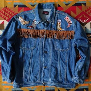 Vintage Blue Jean Jacket with Brown Fringe and Embroidered Boots